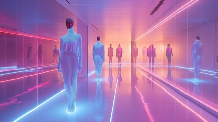 Fashion designers walking in futuristic showroom with neon lights
