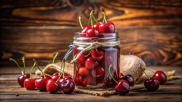Juicy red cherries luxuriously suspended in a rich, syrupy liquid, glistening with sweetness and enticingly arranged in a clear glass jar on a rustic wooden backdrop.
