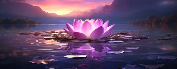 A serene pink lotus bloom floats gracefully on still water, surrounded by soft waves and majestic mountains at sunset.