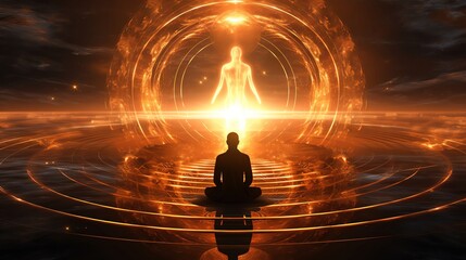 A serene figure meditates in a glowing environment, representing inner peace, spiritual awakening, and cosmic energy.