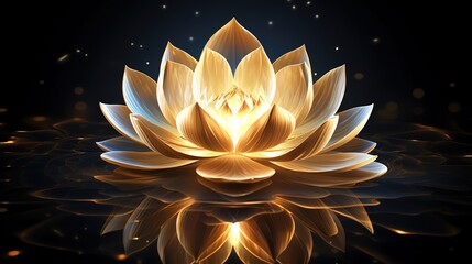 A serene golden lotus flower floating on calm water, symbolizing tranquility and purity in a beautiful, dark setting.