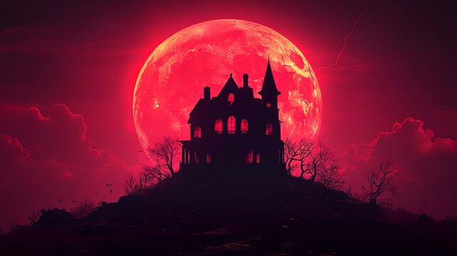 Silhouette of a haunted house against a backdrop of a red moon.