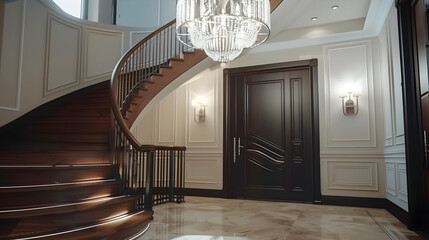 Obraz premium Elegant Modern Interior Design with Spiral Staircase and Chandelier 3D Illustration