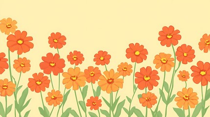 Vibrant Orange Zinnia Flowers Border - Cheerful Flat Vector Illustration on Soft Yellow Background in Colorful Style