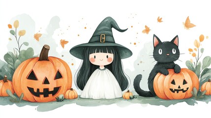 Cute witch girl with black cat and pumpkins for Halloween