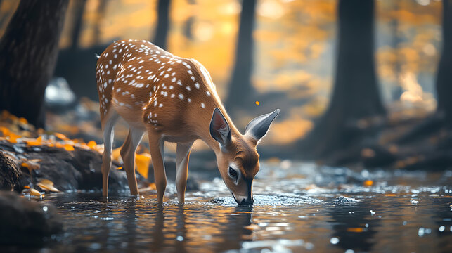 Wild doe drinks from forest stream autumn colors