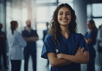 Smiling nurse with confident team in medical setting