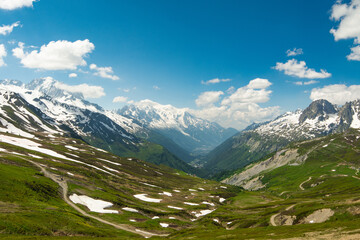 Picturesque panoramic view of the snowy Alps mountains, the Mont Blanc mountain and glacier and...