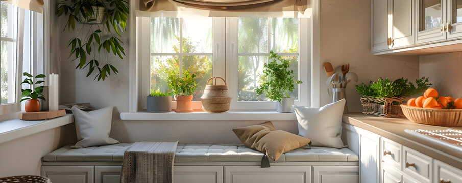 Cozy Kitchen Window Seat with Plants and Pillows - 3D Illustration