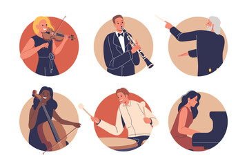 Isolated Vector Round Icons or Avatars with Cartoon Musician Characters Playing Instruments In Symphony Orchestra