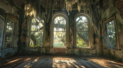 Obraz premium Abandoned room with arched windows and overgrown moss in a historic building, daylight filtering in