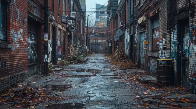 Abandoned alleyway with overgrown debris in a cityscape during overcast weather