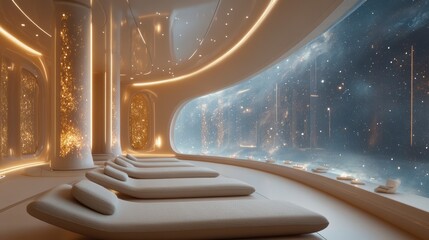 Futuristic meditation room offering breathtaking view of galaxy