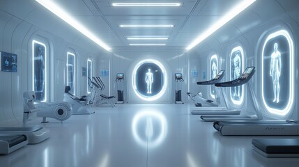 Futuristic gym showing holograms with body analysis in a bright room