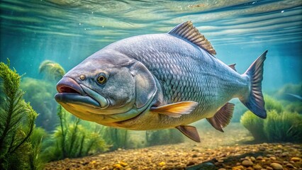Fototapeta premium Large freshwater fish with a silvery grey scaled body and a prominent hump on its forehead, swimming in a serene Australian river environment.