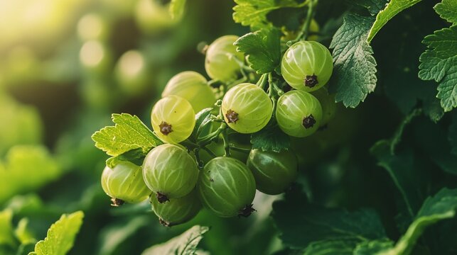 A close-up of a gooseberry bush in full bloom, with clusters of green berries nestled among dark green leaves, under a bright, clear sky