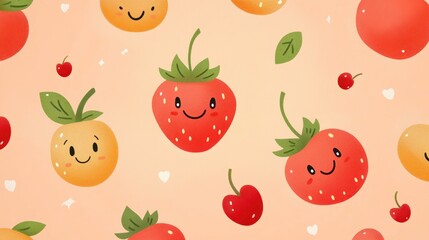 Fototapeta premium A playful pattern featuring smiling fruits like strawberries, cherries, and oranges on a soft background.