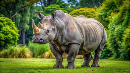 Obraz premium Large male rhinoceros with distinctive grey skin and prominent horn standing in a natural habitat of green grass and trees, looking majestic and powerful.