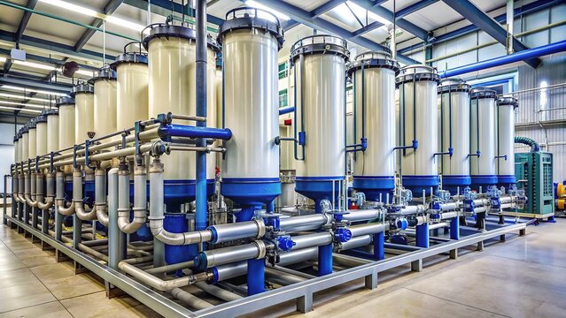 Large industrial filter system with multiple cylindrical units and pipes, used for air or water purification in a factory or manufacturing plant setting.