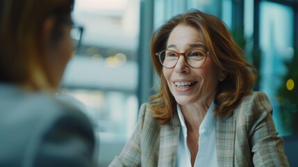Fototapeta premium A cheerful woman with glasses and auburn hair, laughs heartily while engaging in a conversation in a modern office setting.