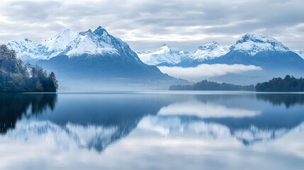 A tranquil mountain scene with snow-capped peaks reflecting in a calm lake under a cloudy sky, evoking serenity and natural beauty.
