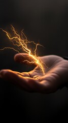 Hand holding bright lightning bolt in the dark scene