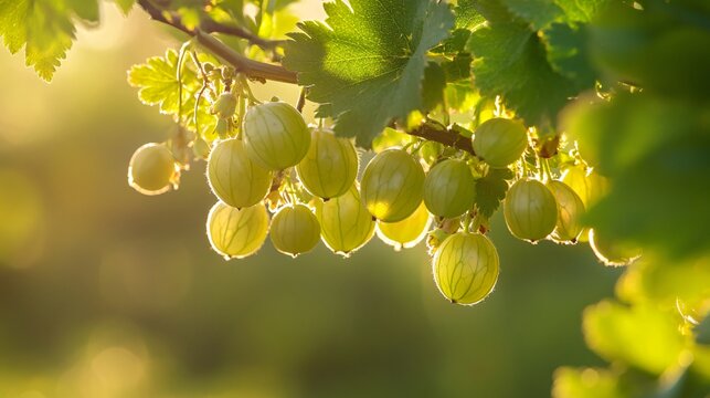 A cluster of gooseberries hanging from a branch, with a gentle breeze moving the leaves and berries, captured in the soft golden light of late afternoon