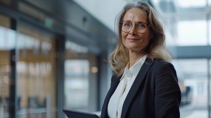 Fototapeta premium A confident businesswoman in a suit stands in a modern office hallway, exuding professionalism with a welcoming smile.
