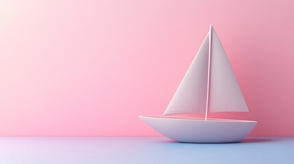 Fototapeta premium Serene Minimalist Pink and Blue Background with Elegant Sailboat Sculpture in Soft Lighting