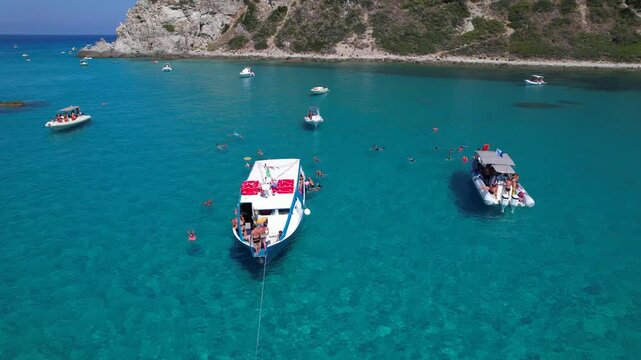 Capo Vaticano is a resort in the commune of Ricadi in southern Italy, in Tropea and Nicotera on the famous Mar Tirreno, a meridional tourist destination on the Costa degli Di. 08/24/2024, drone video 