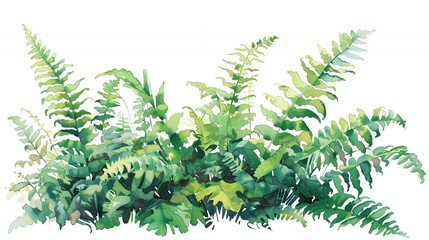 Watercolor painting of a lush green fern bush isolated on a white background.