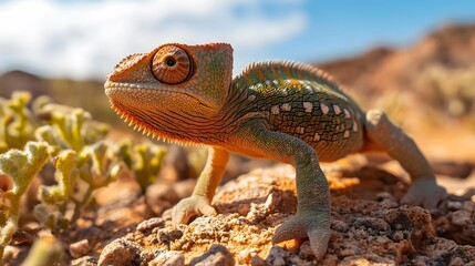 Obraz premium A vibrant lizard captures attention in a rocky landscape, showcasing unique colors and textures under a bright sky.