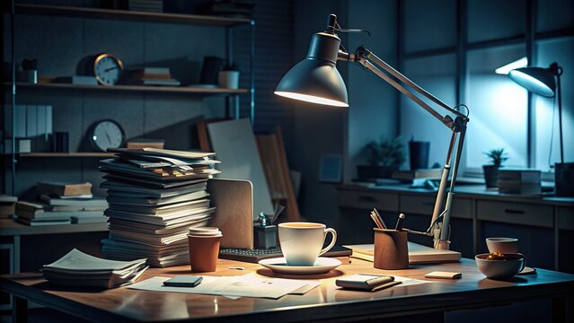 Lonely desk lamp illuminates a cluttered workspace, scattered with papers, files, and empty coffee cups, amidst a dark and eerie late-night work environment.