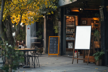 A quaint street scene featuring an empty mockup stand amidst autumn foliage near a cozy café