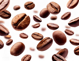 Isolated on a white background, falling coffee beans with selective focus