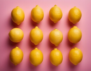 vibrant yellow lemons arranged in a playful pattern against a soft pink background creating a fresh...