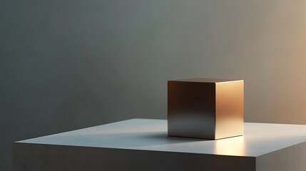 Minimalist copper and grey background with a modern cube sculpture, no text or other elements, soft lighting, high resolution, smooth surface on the cube, a sleek and clean composition