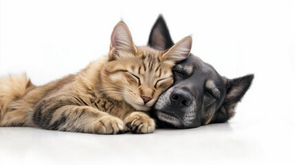 isolated cute friends: adorable cat and dog snuggling together; white background