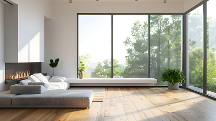 Fototapeta premium Modern Living Room Interior Design with Fireplace and Large Windows 3D Illustration