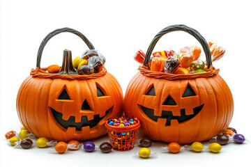 Beautifully placed Halloween pumpkins and candy baskets