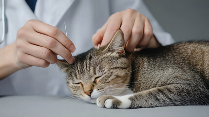 A veterinary acupuncturist gently inserting needles into a cat s pressure points