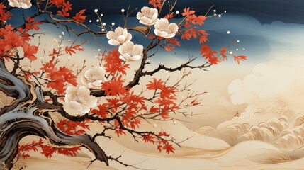 Hand drawn flower element on a natural background. Japanese wave pattern  