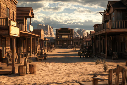 A vibrant cowboy gathering in a classic western town with majestic mountain backdrops under a bright, expansive sky