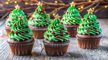 Christmas cupcakes decorated as a Christmas tree with chocolate cookies, sprinkles, and icing, Christmas, cupcakes