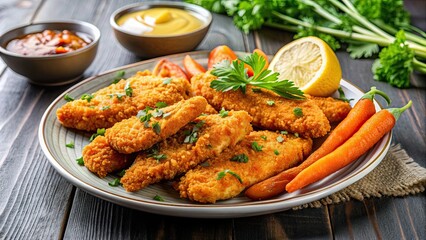 Fototapeta premium Convalescent meal of baked chicken tenders with soft carrots , convalescent, patients, food, meal
