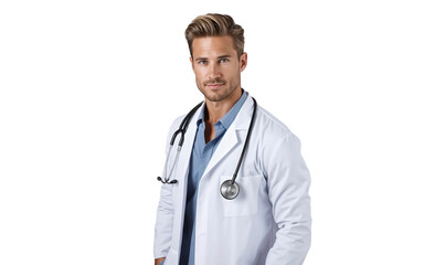 Fototapeta premium Portrait of a smiling male doctor in uniform with a stethoscope, isolated on transparent background