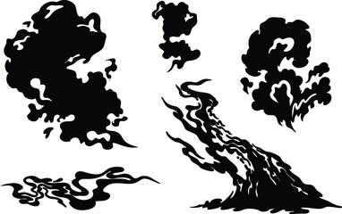 Hand-drawn set of vector smokes of shapes in a cartoon style.special effects template. Clipart element.steam clouds, puff, mist, fog, watery vapour or dust explosion 2D. black silhouette sky, vector,