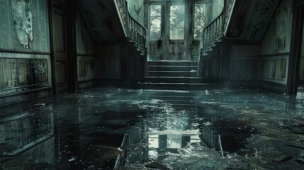 Abandoned mansion interior with water accumulation on floor and sunlight filtering through windows