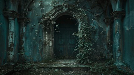 Naklejka premium Overgrown entrance to an abandoned building with vines and darkened door in a forgotten location
