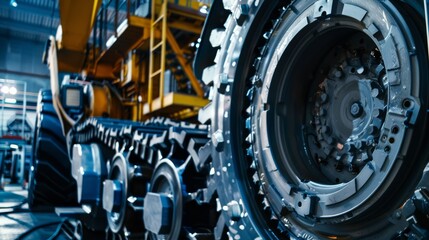 Fototapeta premium Close-up view of a sturdy industrial vehicle's intricate wheel and gear mechanisms exuding strength and raw mechanical power.